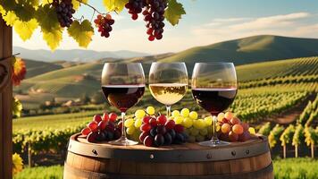 glasses of wine on a barrel in front of a vineyard photo