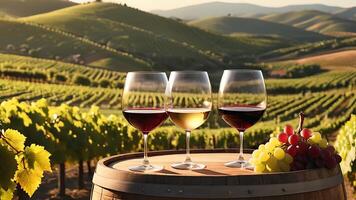 glasses of wine on a barrel in front of a vineyard photo