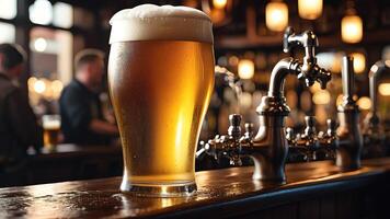 a beer glass sitting on a bar with a tap photo