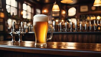 a beer glass sitting on a bar with a tap photo