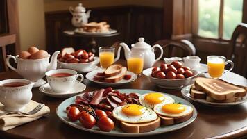 morning food dishes on the table, eggs, bread, coffee and juice photo