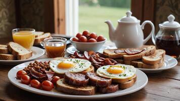 morning food dishes on the table, eggs, bread, coffee and juice photo