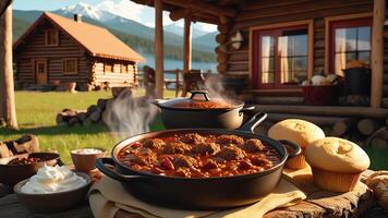 table with stewed meat, a bowl of chili and bread photo