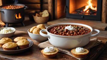 table with stewed meat, a bowl of chili and bread photo