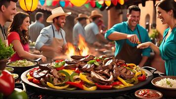 a grill with meat and vegetables photo