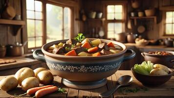 a pot of soup with meat, potatoes and carrots on the table photo