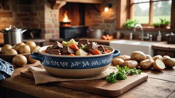 a pot of soup with meat, potatoes and carrots on the table photo