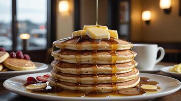 a stack of pancakes with syrup being poured on them photo