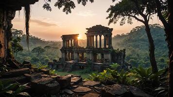 ancient ruins in the jungle at sunset photo