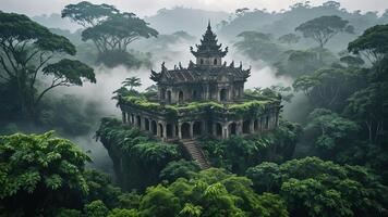 ancient temple surrounded by trees, cliffs and mountains in a misty forest photo