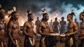 a group of men in native attire playing drums photo