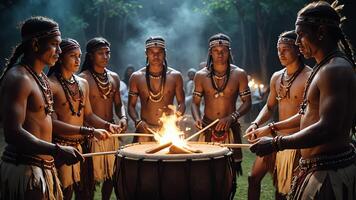 a group of men in native attire standing around a fire photo