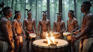 a group of men in native attire standing around a fire photo