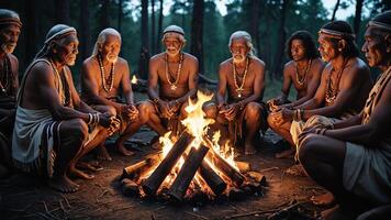a group of men from an inland tribe were sitting around a campfire photo