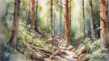 watercolor painting of a forest path in the woods photo