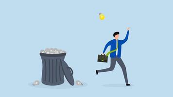 Wasted unworkable ideas, 4k animation of frustrated businessman throws the light bulb idea in the trash. video