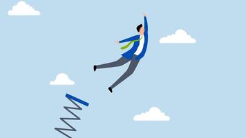 aumentar arriba negocio crecimiento, 4k animación de empresario gerente saltos en buceo tablero alto dentro el cielo. video