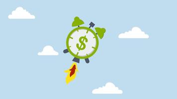 Time to start new business, 4k animation of ringing alarm clock launching into the sky with rocket booster. video
