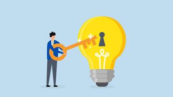 Unlock new business idea, 4k animation of businessman with golden key will insert key into bulb idea lamp. video