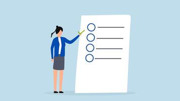 Self assessment, 4k animation of woman gives list of checkbox achievements on notebook paper. video
