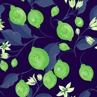 Colorful summer seamless pattern with creative limes on branch and leaves on a dark blue background. hand drawing. Abstract artistic blooming fruits illustration for printing. Ornament repeated vector