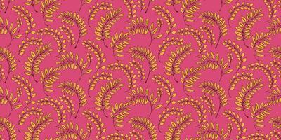 Cute small yellow branches leaves seamless pattern on a pink background. hand drawn sketch, doodle. Abstract creative tiny leaf stems printing. Template for design, textile, fabric vector