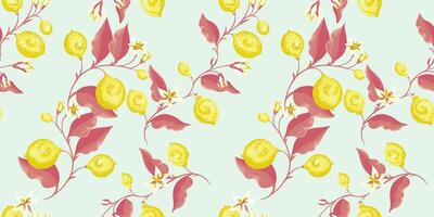 Blooming yellow lemons, limes on branch with leaves intertwined in a seamless pattern. hand drawing illustration. Abstract artistic citrus fruit repeated printing on a light background. vector