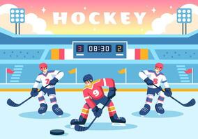 hielo hockey jugador deporte ilustración presentando un casco, palo, disco, y patines en un hielo superficie para juego o campeonato en un plano dibujos animados vector