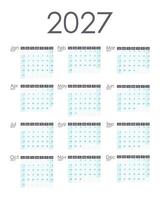 Calendar 2027 vertical. Week starts on Sunday. vector