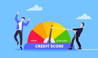 Man pushes credit score arrow gauge speedometer indicator with color levels. vector