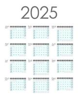 Calendar 2025 vertical. Week starts on Sunday. vector