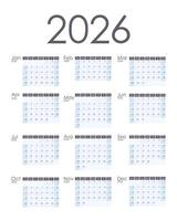 Calendar 2026 vertical. Week starts on Sunday. vector