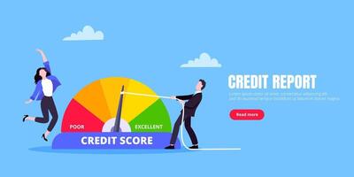 Man and woman push credit score arrow gauge speedometer indicator with color levels. vector