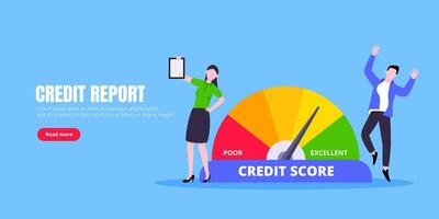 Man and woman push credit score arrow gauge speedometer indicator with color levels. vector