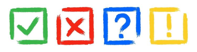 Dirty grunge cross x, tick OK, exclamation and question check marks in check boxes. vector