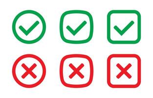 Green tick and red cross checkmarks. Yes or no symbol, approved or rejected icon. Right or wrong icons. vector
