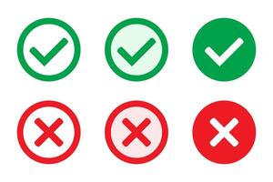 Right or wrong icons. Green tick and red cross checkmarks. Yes or no symbol, approved or rejected icon for user interface. vector