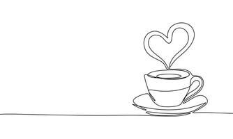 Cup with steam as heart shape one line continuous. Line art Cup of coffee. Hand drawn art. vector