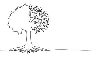 Green tree and dry one line continuous. Half tree with leave and half tree is dry line art. Hand drawn art. vector