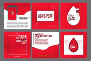 Set of 6 World Blood Donor Day Social media Template Collection. Square Format. June 14. Paper craft red waves. Blood drop shape, Transfusion bag. Illustration. vector