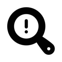 Exclamation mark under magnifier denoting icon of threat detection vector