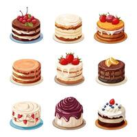 A set of cakes with chocolate and white icing decorated with berries. Illustration on a white background. vector