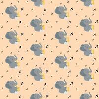 Seamless pattern with cute baby elephant is playing music on a saxophone. vector