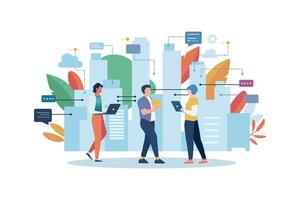 Urban cityscape with people and communication icons. Cloud system concept. data center. vector