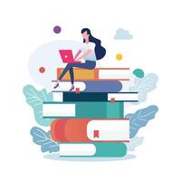 Woman in casual clothes working on laptop computer while sitting on books vector