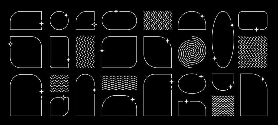 Y2K thin frames, empty borders with sparkles and line patterns, design element set in 2000s aesthetics.