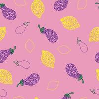 Seamless pattern with hand drawn lemon, eggplant on pink background in childrens naive style. vector