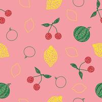 Seamless pattern with hand drawn lemon, cherry, watermelon on pink background in childrens naive style. vector