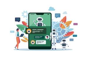 Man chatting with android robot or chat bot on smartphone screen. Artificial Intelligence. vector