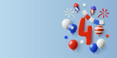 July 4th 3d background with balloons fireworks stars and flags USA Independence Day banner vector